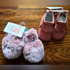 NWT Carters Baby Girl Pink Fuzzy Slippers & Moccasin Shoe Bundle Size 0-3M